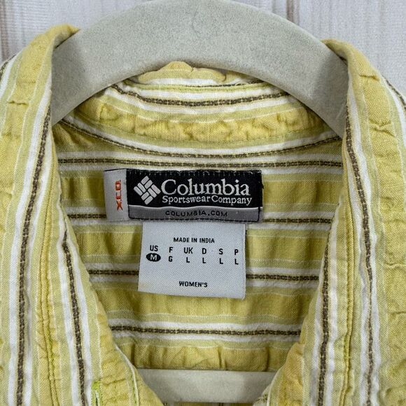 Columbia Women’s Medium Yellow Striped Button Down Short Sleeve - Picture 2 of 7